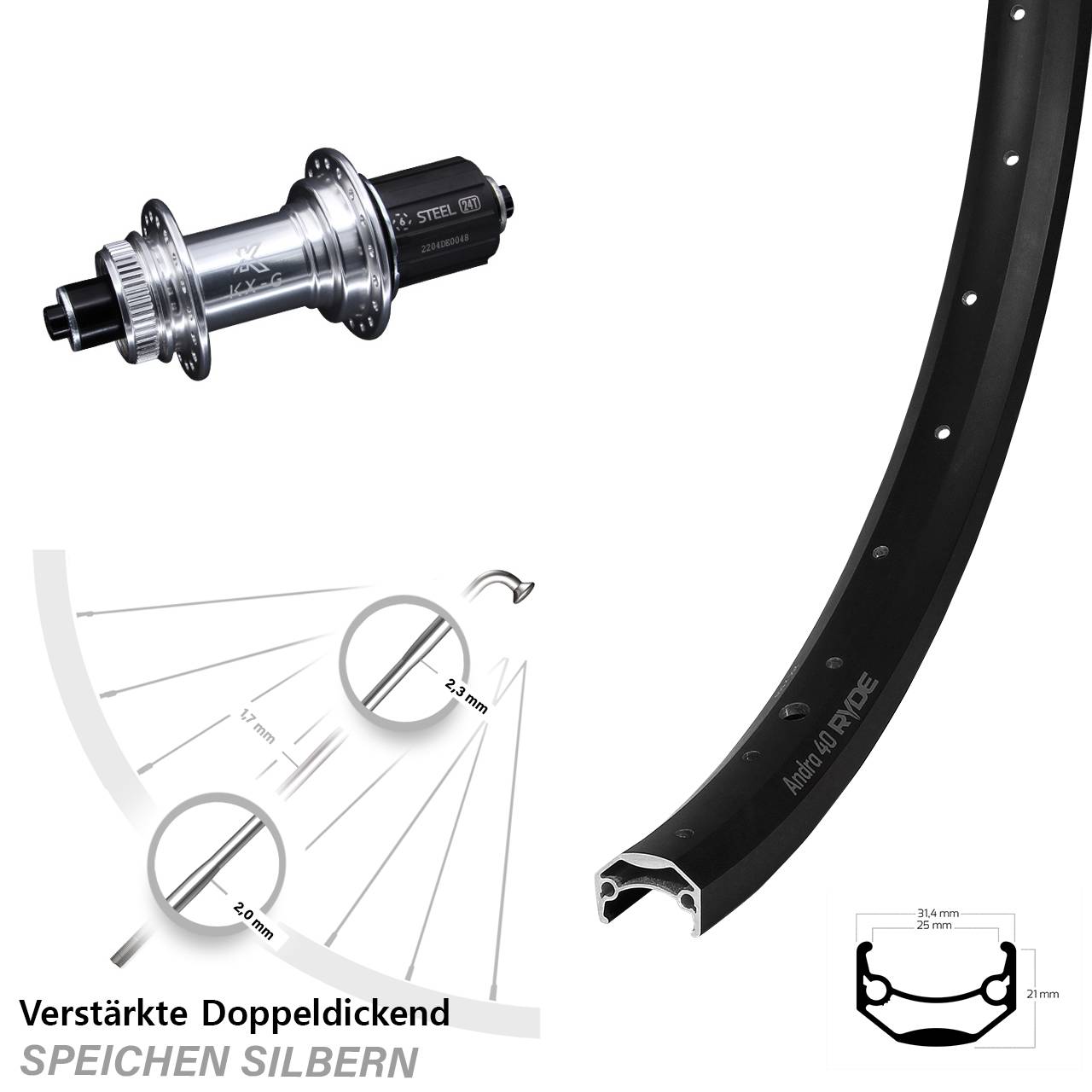 Centerlock Hinterrad QR 28-29 Zoll Ryde Andra 40 Disc KX-GS verstärkt 8-12 fach