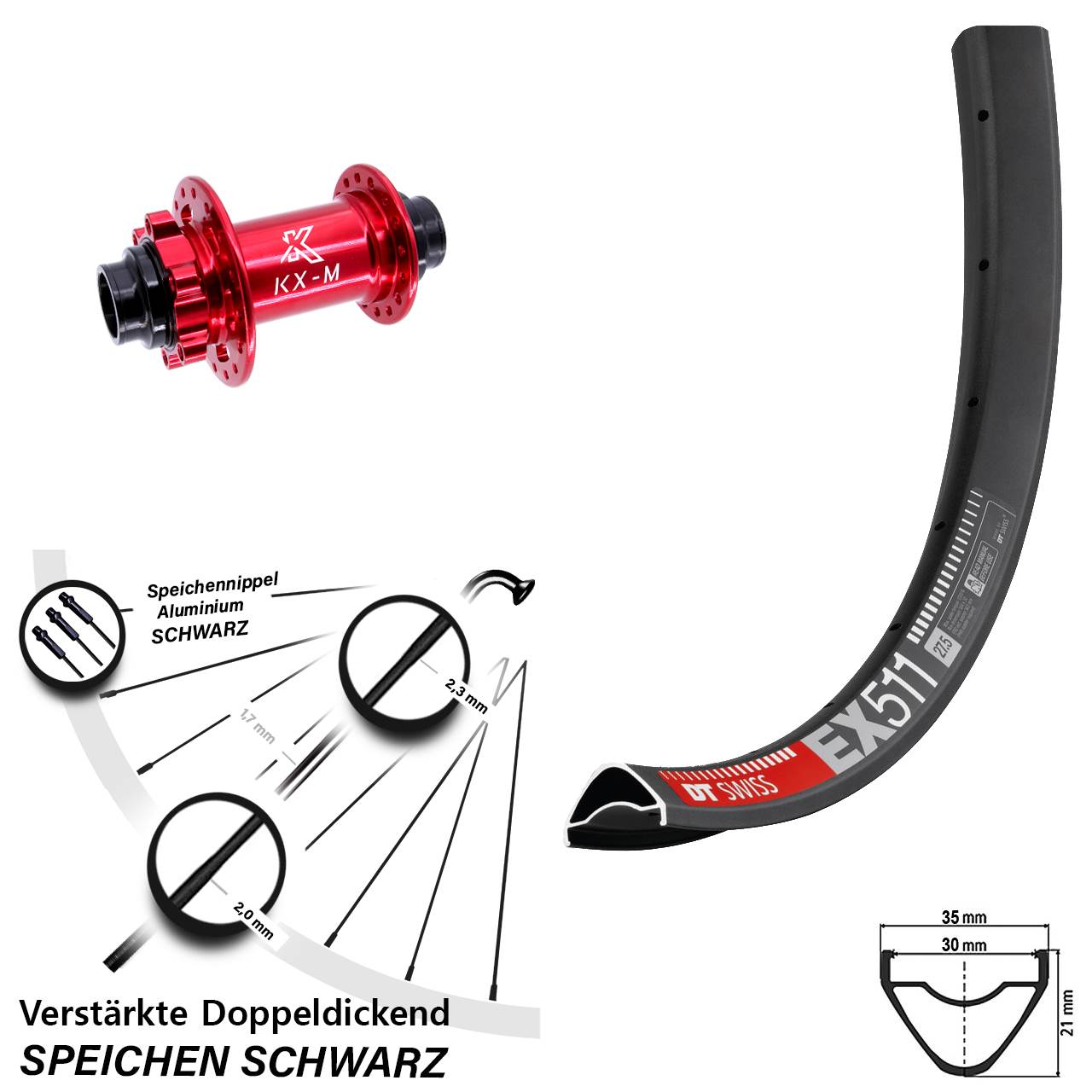 27,5 Zoll DT Swiss EX511 KX-M rot Disc Vorderrad 20x110 (DH alt)