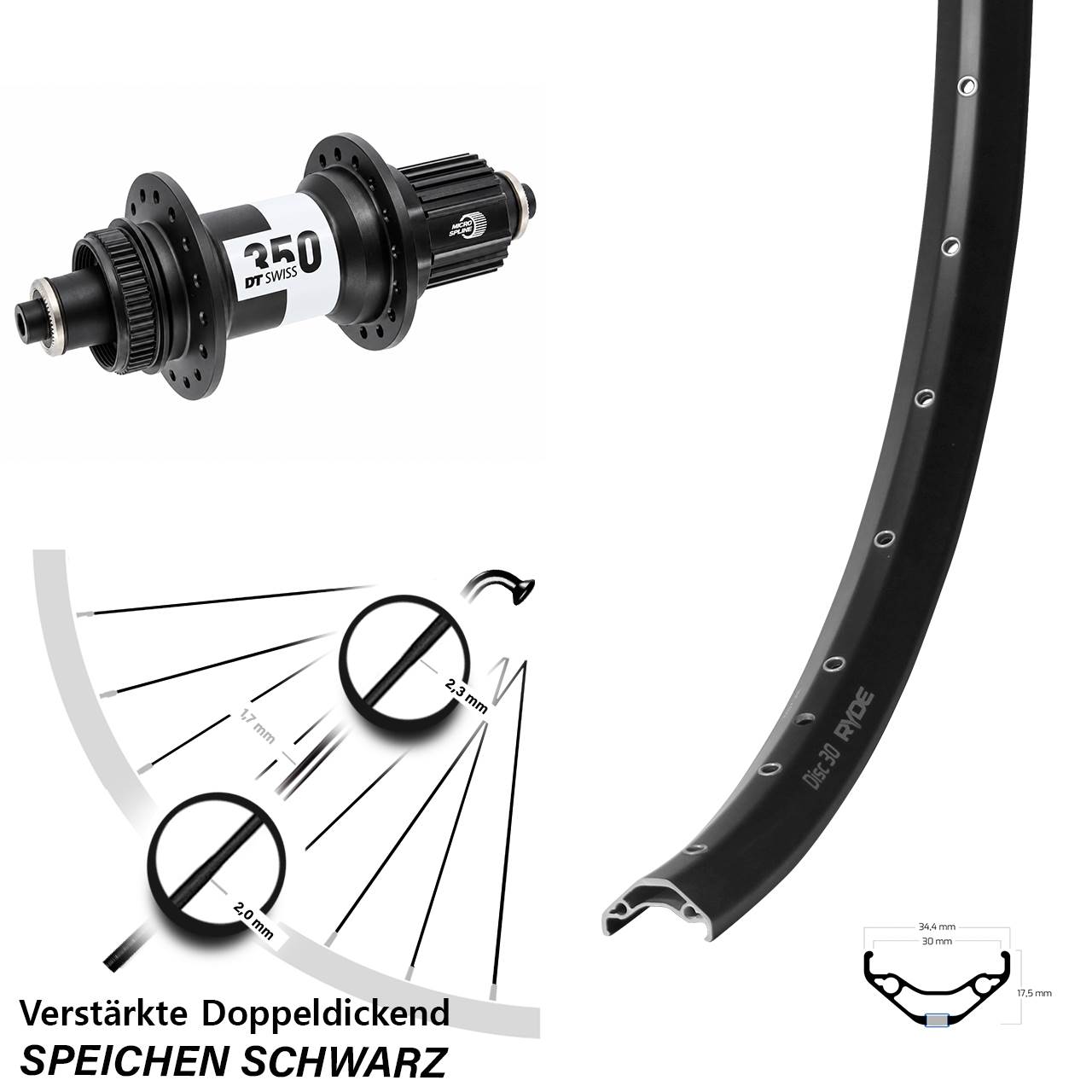 29 Zoll Ryde Disc 30 DT Swiss 350 Centerlock Hinterrad QR Shimano Micro Spline