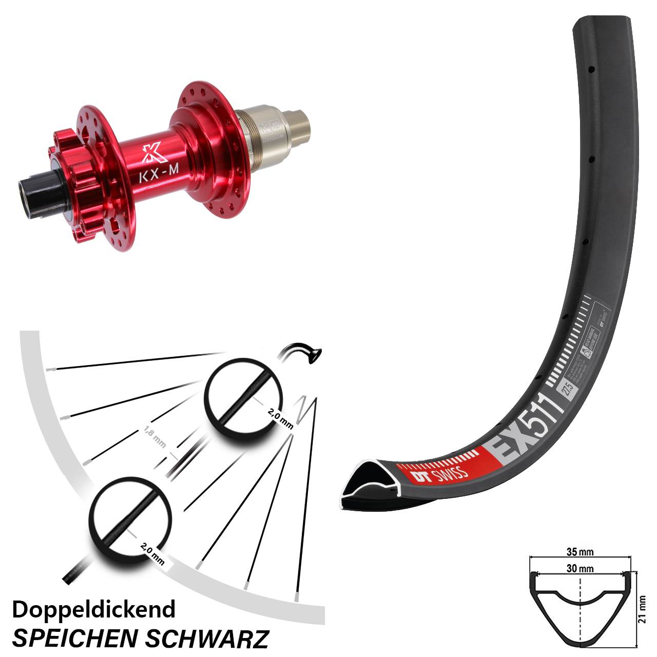 29 Zoll DT Swiss EX 511 KX-M rot Disc Laufrad 12x142 SRAM XD
