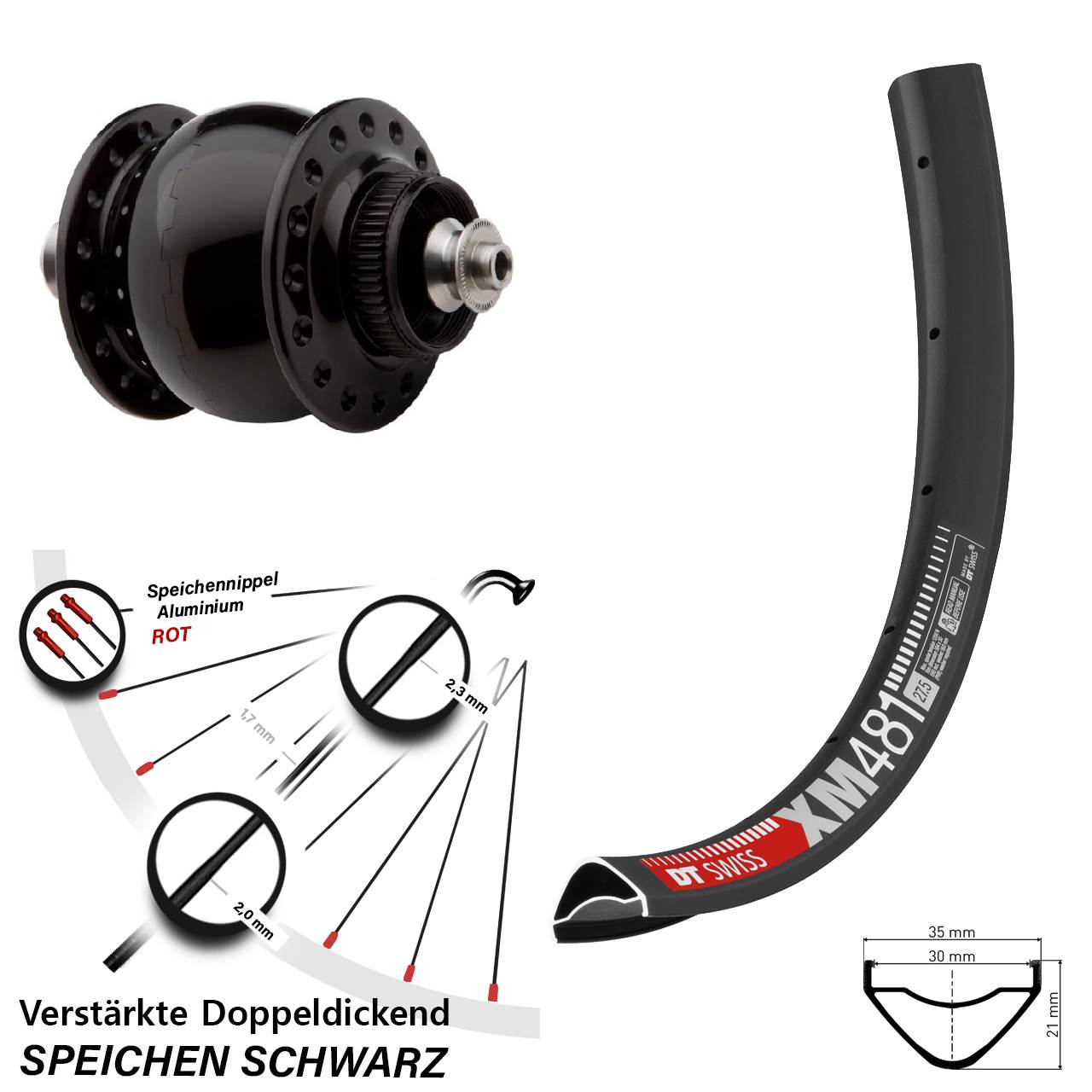 SONdelux DT Swiss XM481 27,5 Zoll Disc Vorderrad mit Nabendynamo für Schnellspanner