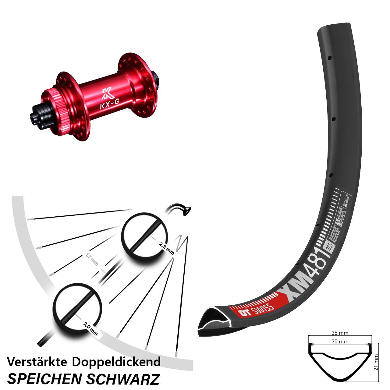 Disc Laufrad für Schnellspanner 27,5 Zoll DT Swiss XM 481 KX-G rot