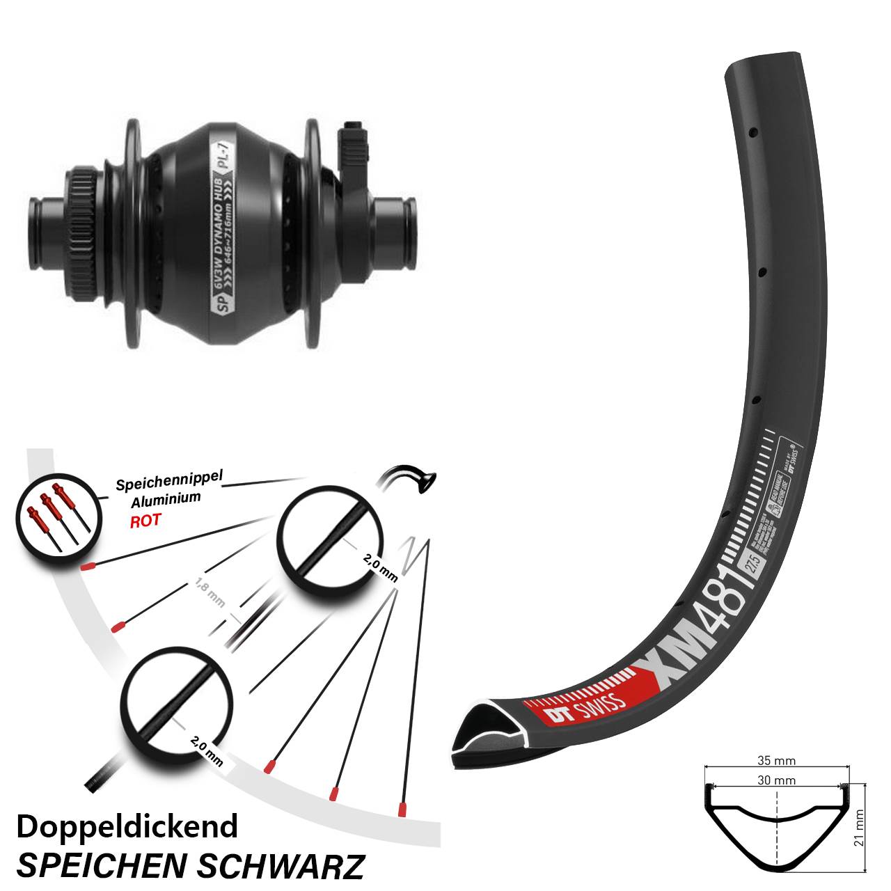 Disc Nabendynamo-Laufrad 27,5 Zoll DT Swiss XM481 Shutter Precision PL-7 12x100