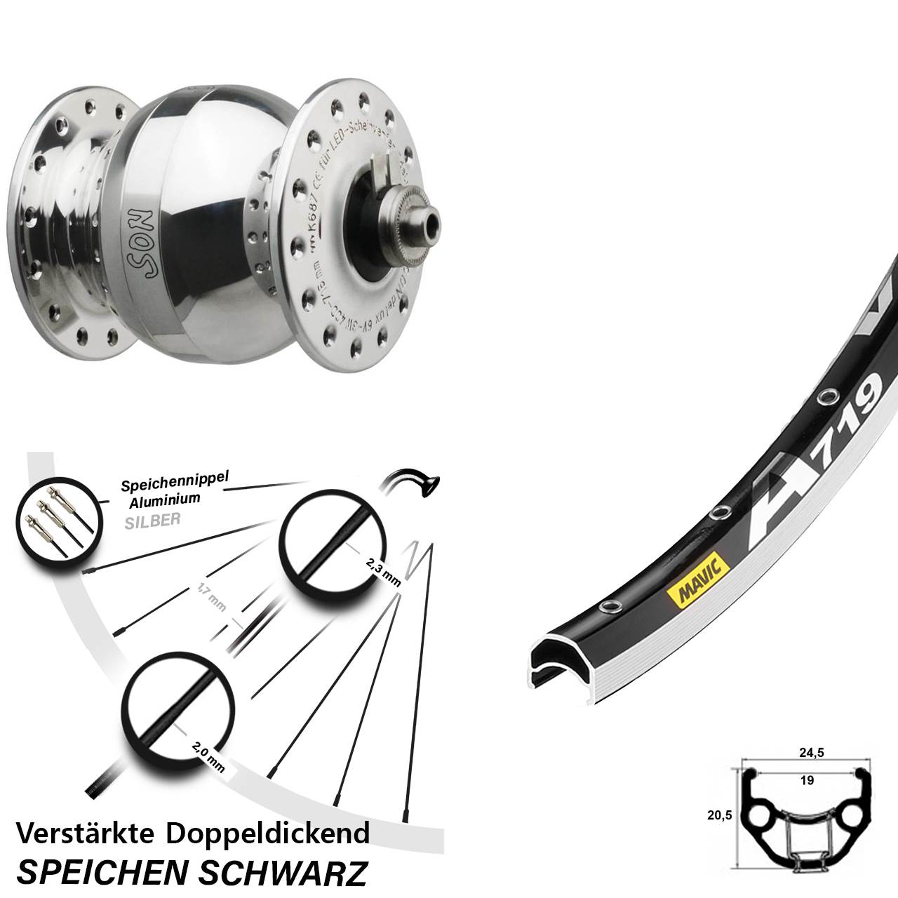 Nabendynamolaufrad 28 Zoll Mavic A 719 SON delux wide body für Schnellspanner