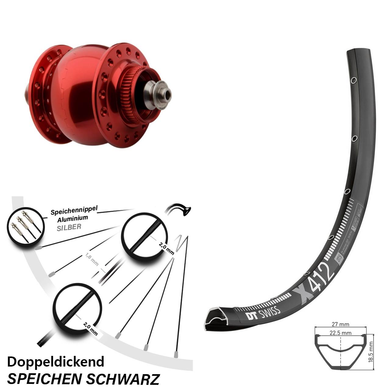 SON delux rot DT Swiss X412 28-29 Zoll Disc Laufrad mit Nabendynamo QR