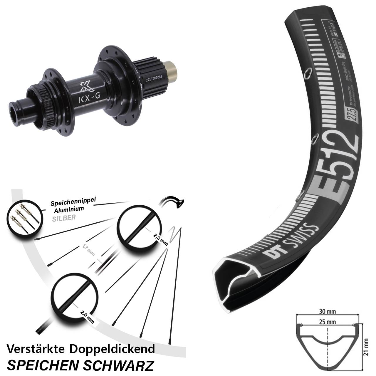 Centerlock Hinterrad 12x142 650B DT Swiss E512 KX-G Steckachse Micro Spline