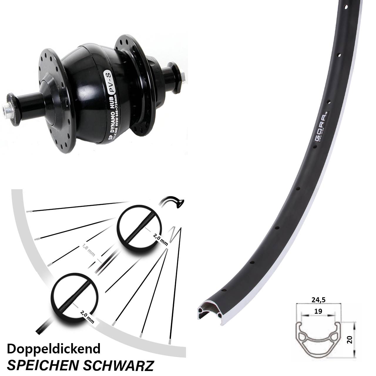 Nabendynamovorderrad 26 Zoll Gora 19 Shutter PV-8 QR schwarz