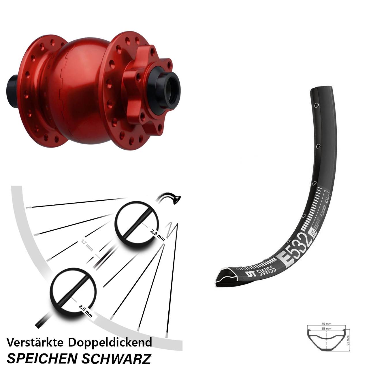 SON 28 rot DT Swiss E 532 27,5 Zoll 6-Loch Nabendynamo-Vorderrad 15x110 Boost