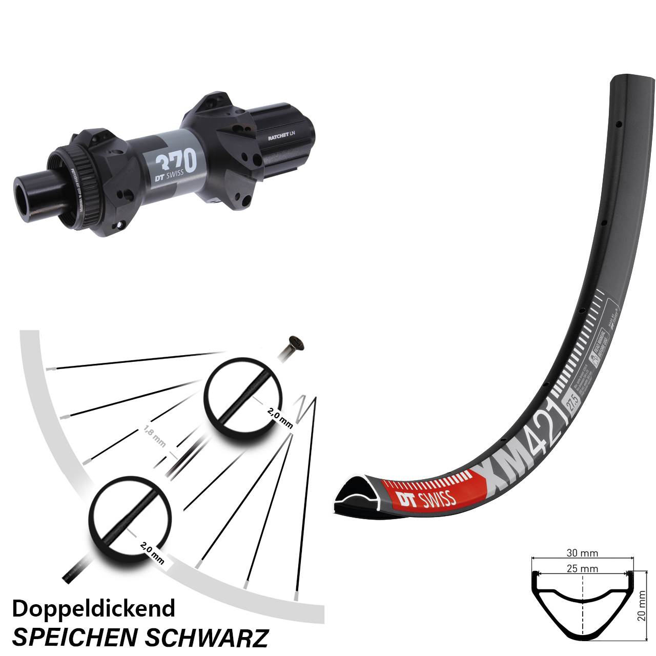 29 Zoll DT Swiss XM 421-370 Disc Laufrad 12x148 8-11 fach HG