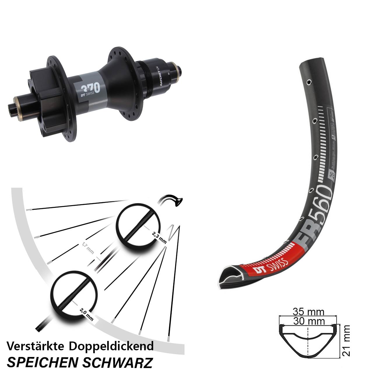 6-Loch Hinterrad für Schnellspanner 26 Zoll DT Swiss FR 560-370 XD