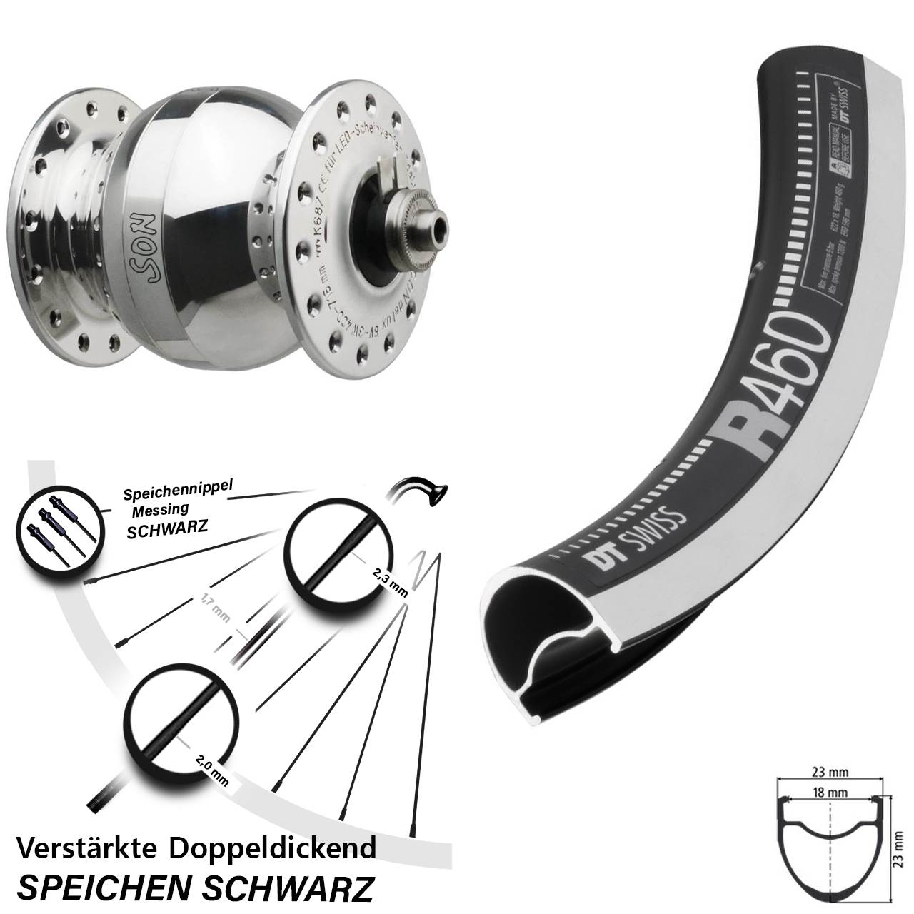 Nabendynamovorderrad für Schnellspanner 28 Zoll DT Swiss R 460 CNC SONdelux wide body