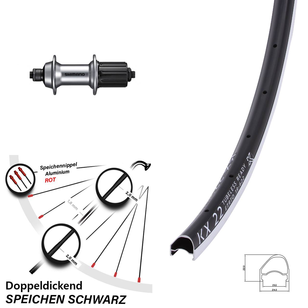 KX 22 OS Shimano FH-RS400 28 Zoll Laufrad hinten QR 11-12 fach HG