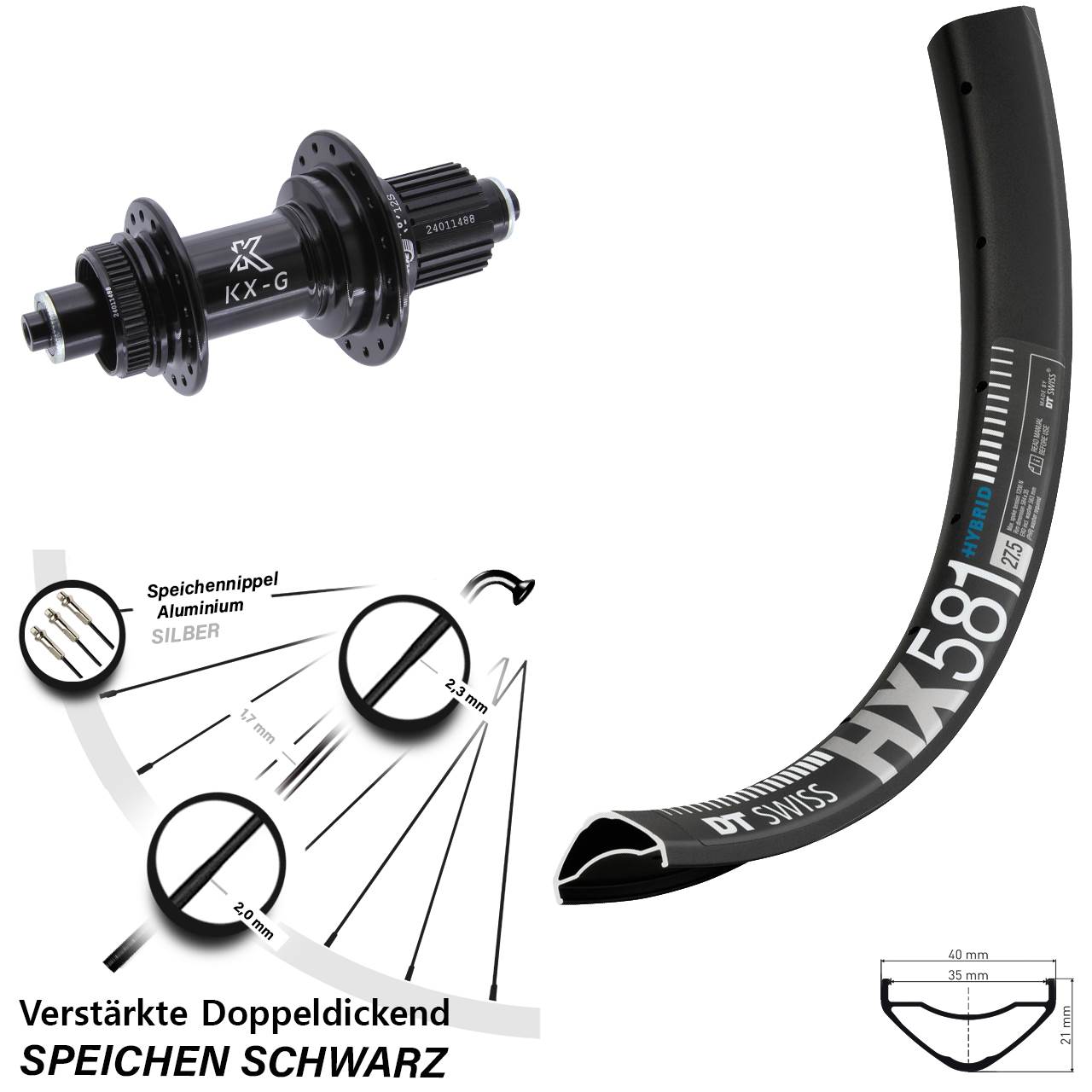 DT Swiss HX581 KX-G 27,5 Zoll Disc Hinterrad QR Shimano Micro Spline