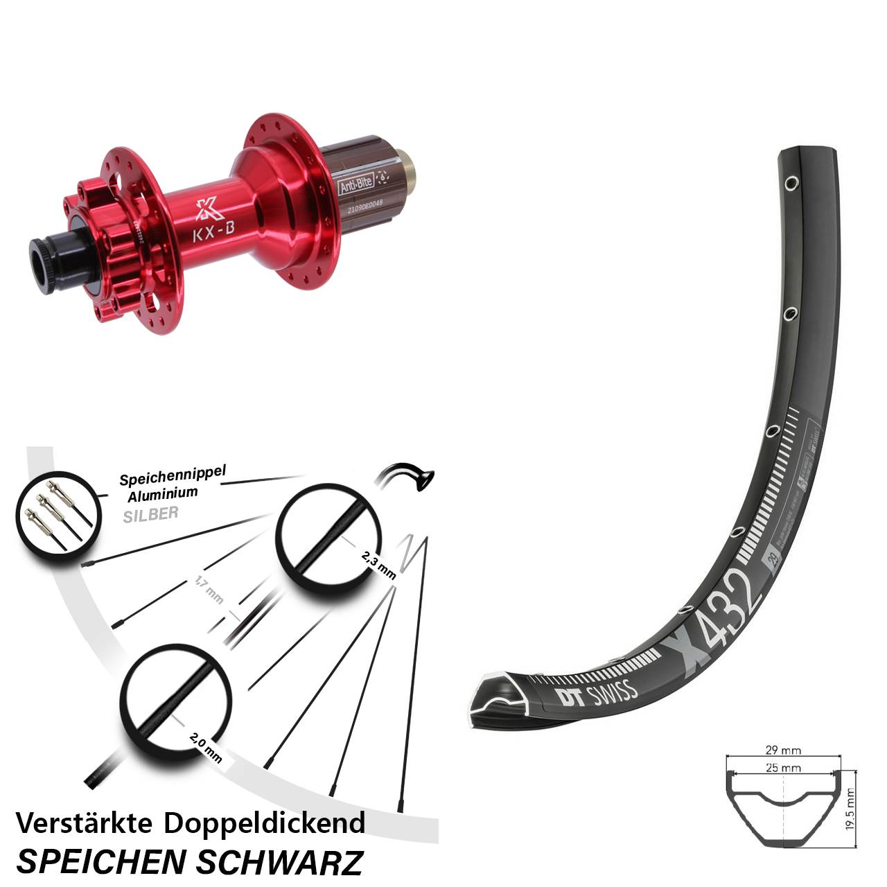 6-Loch Hinterrad 29 Zoll DT Swiss X 432 KX-B rot 8-12 fach HG 12x148