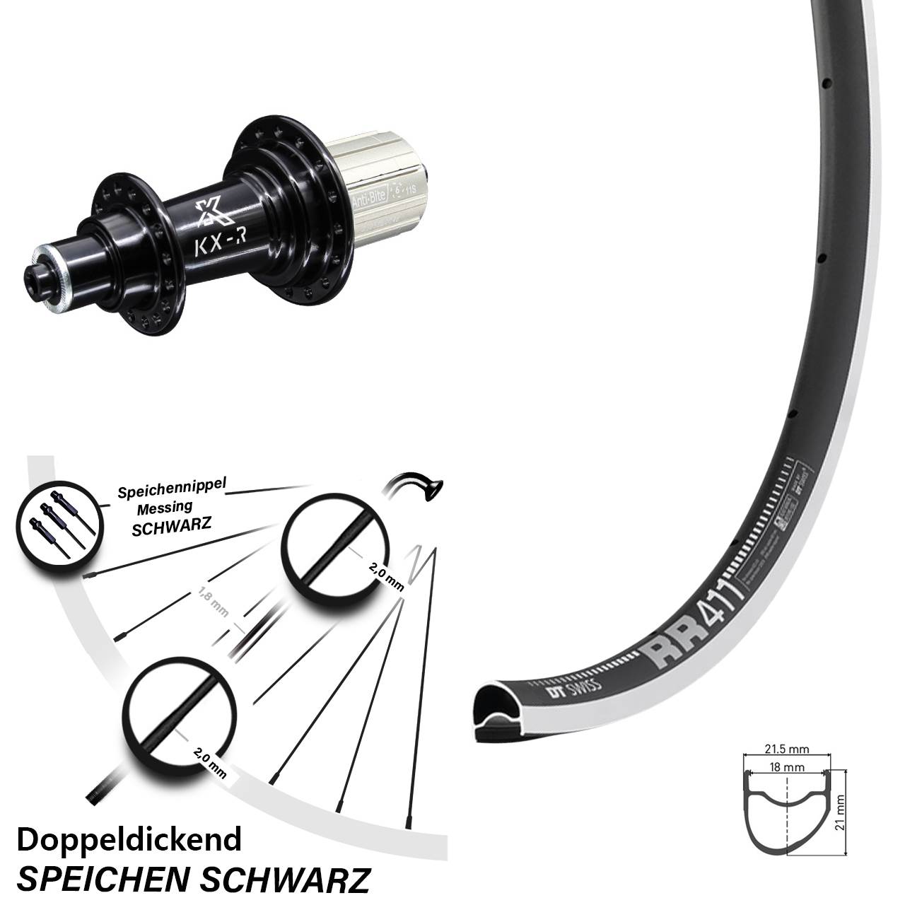 DT Swiss RR 411 OS Hinterrad 28 Zoll KX-R 5x130 mm schwarz Felgenbremse 8-12 fach