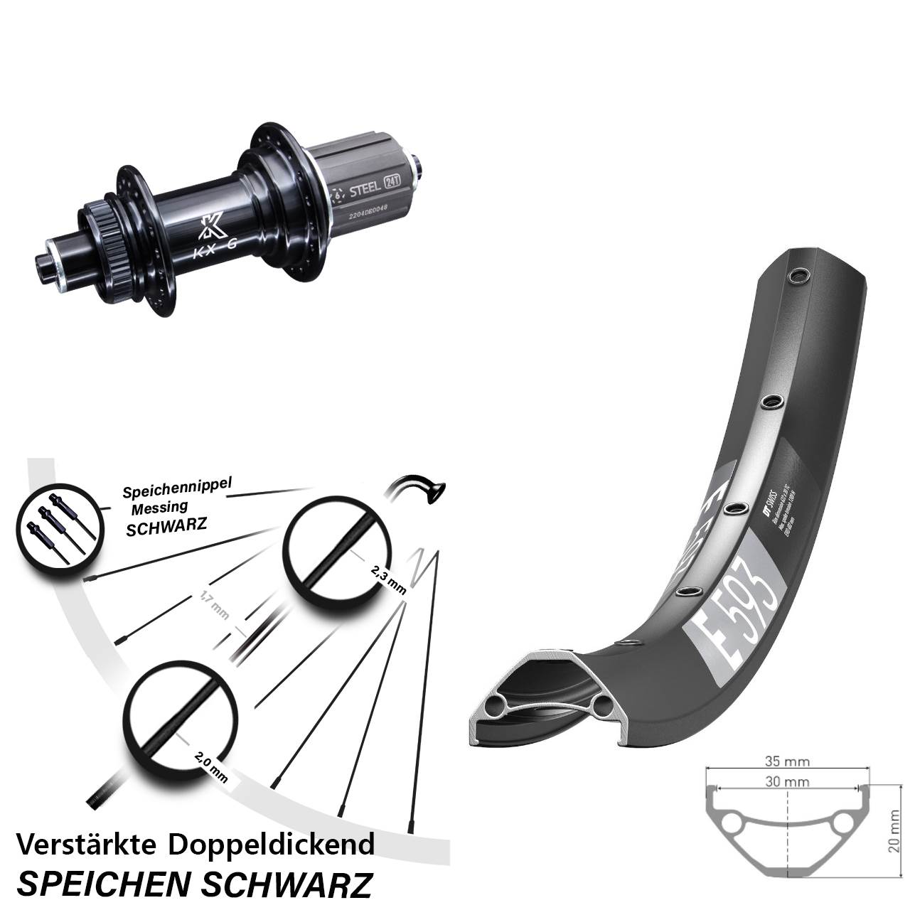 Centerlock Hinterrad 29 Zoll DT Swiss E593 KX-GS Heavy Duty 8-12 fach QR