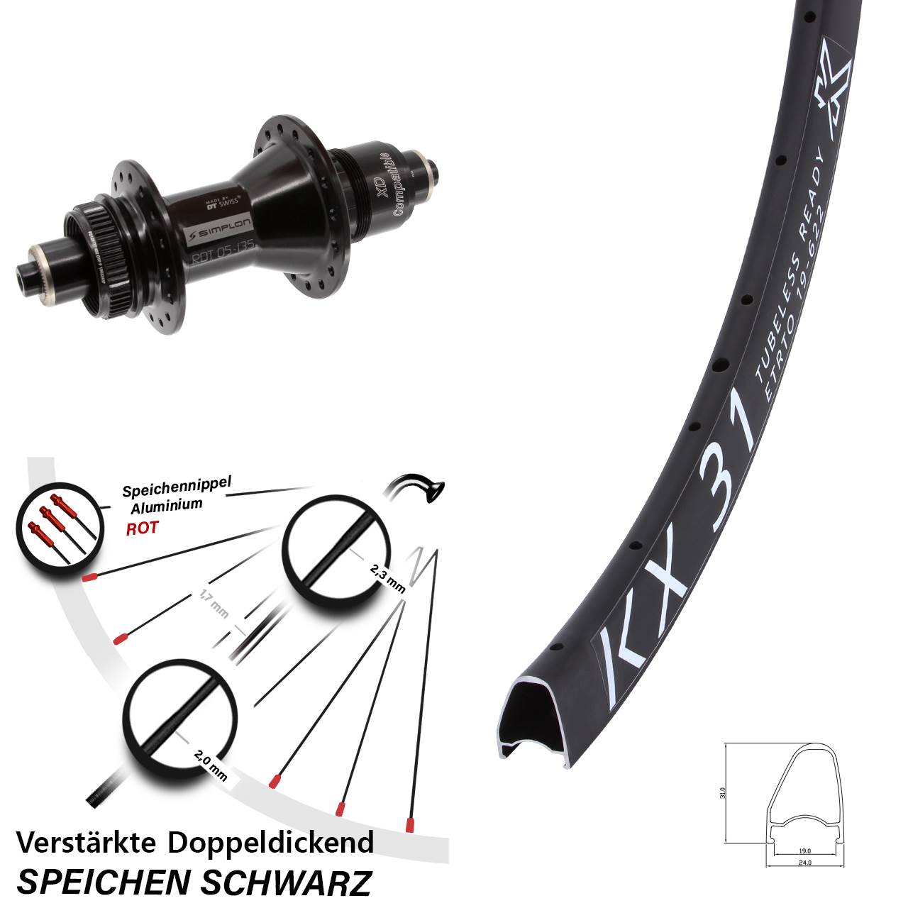 Hinterrad Centerlock 28 Zoll KX 31 Offset DT Swiss 370 XD 11-12 fach für Schnellspanner