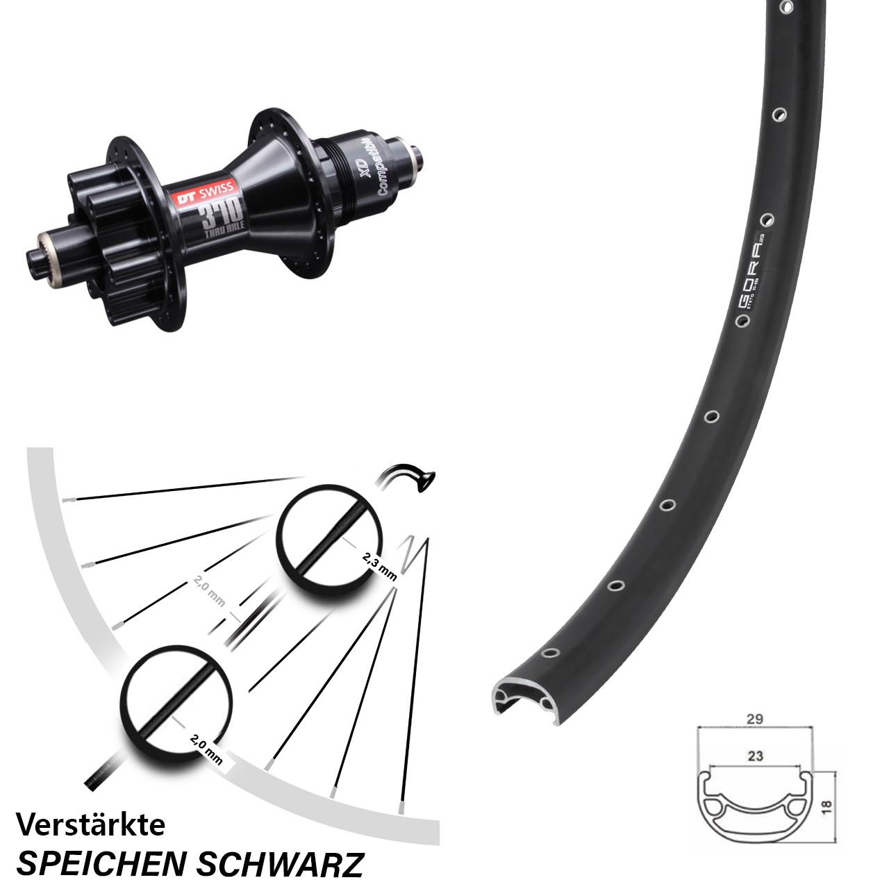 verstärktes 26 Zoll Hinterrad Gora 23 Disc schwarz DT Swiss 370 Sram XD 5x135 mm