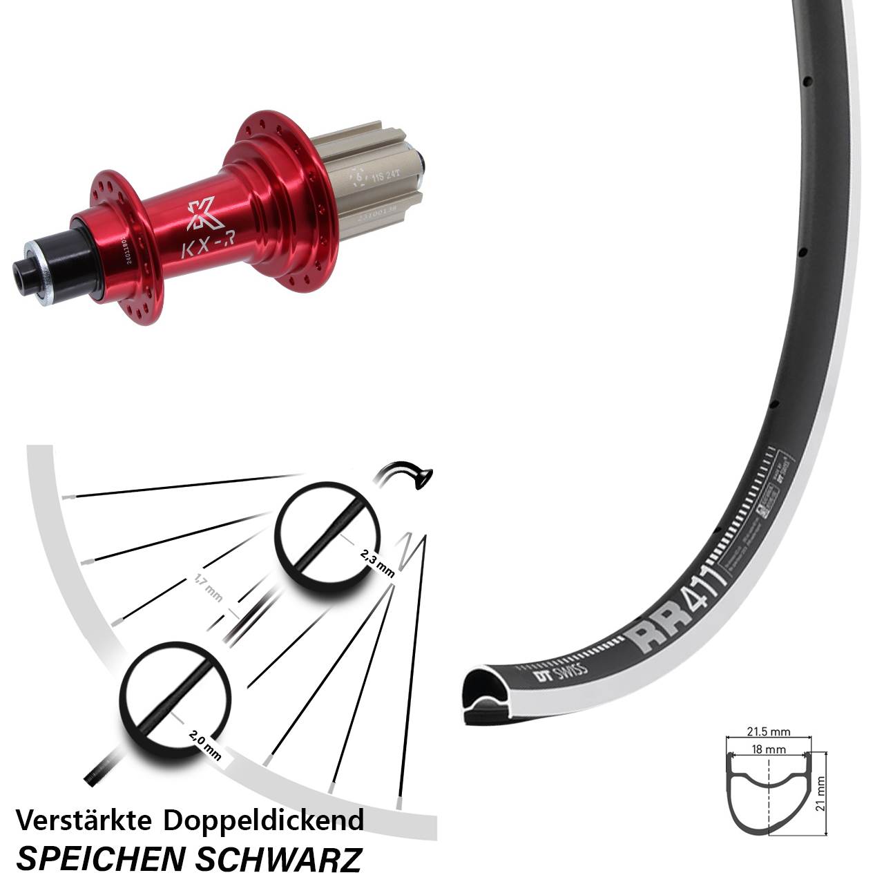 DT Swiss RR411 OS KX-R rot 28 Zoll Hinterrad für Schnellspanner Campa 8-12 fach