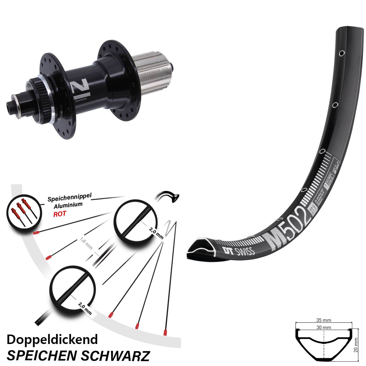 27,5 Zoll DT Swiss M 502 Disc Novatec D042SB Centerlock Hinterrad 8-12 fach