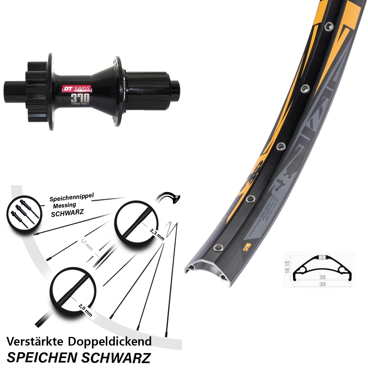 27,5 Zoll Rodi TRYP 35 DT Swiss 370 Hybrid Hinterrad 6-Loch 12x142 8-11 fach
