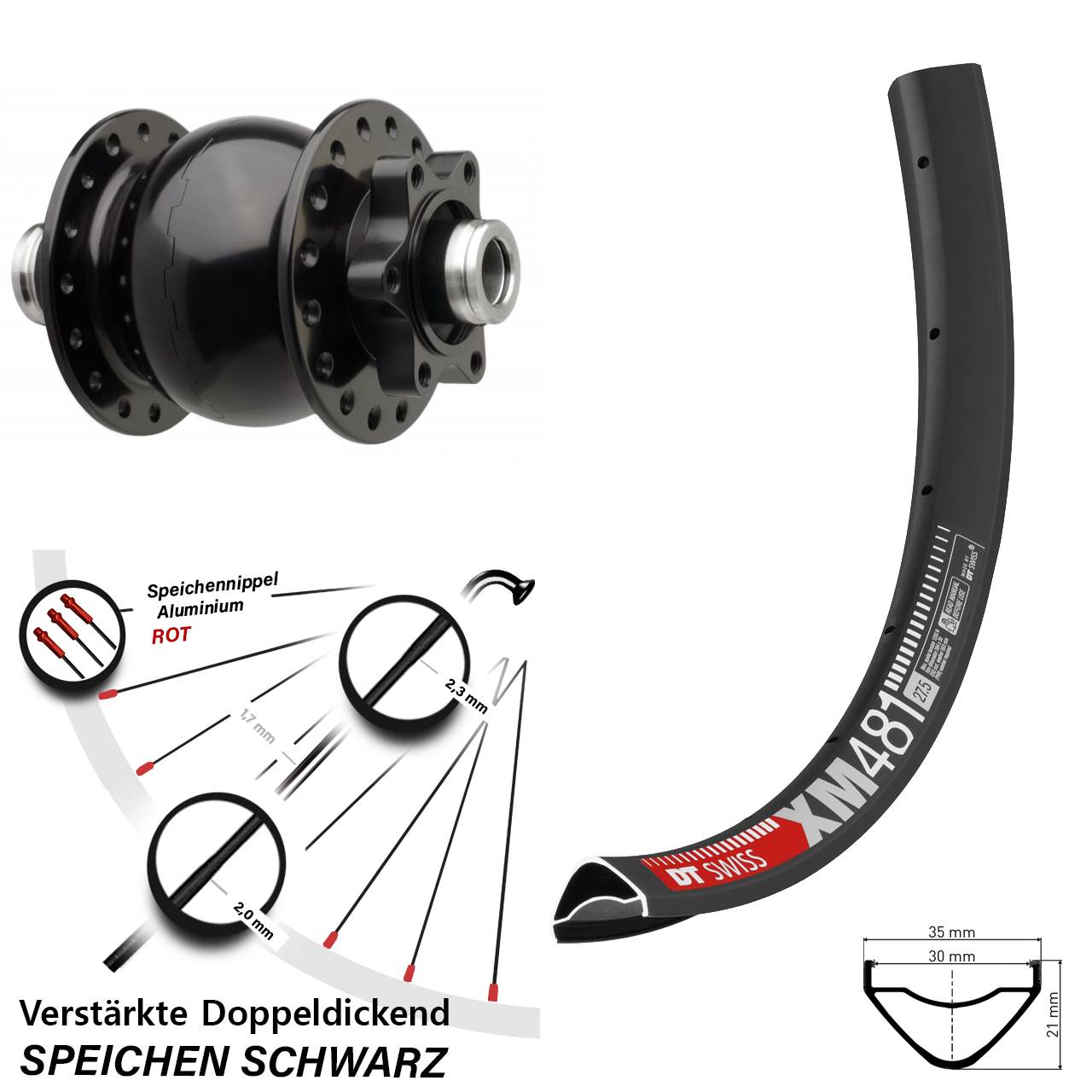SON 28 DT Swiss XM 481 27,5 Zoll Vorderrad mit Nabendynamo 6-Loch 12x110 Boost