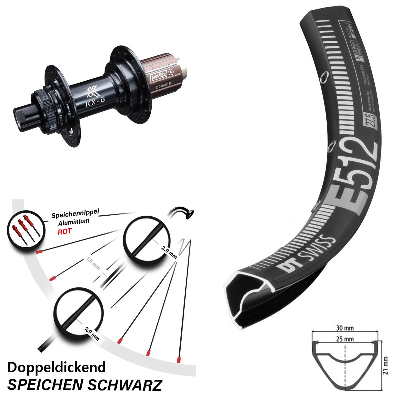 DT Swiss E 512 27,5 Zoll Hinterrad KX-B Centerlock 8-12 fach 12x148