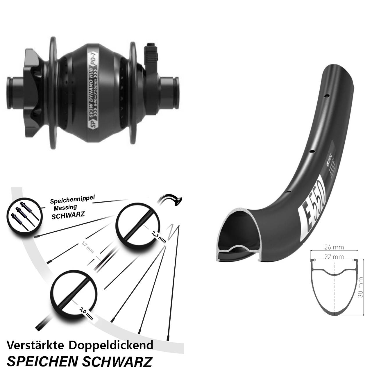 Nabendynamovorderrad 6-Loch 28 Zoll DT Swiss E 550 Shutter PD-7 12x100