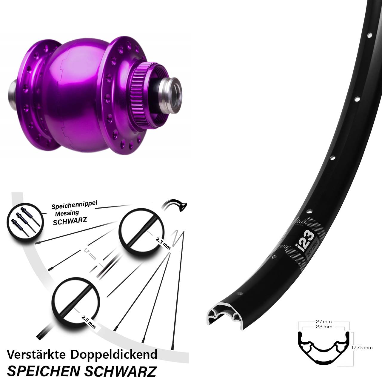 Nabendynamo-Vorderrad Centerlock 28-29 Zoll WTB i23 SON 28 violett 12x100