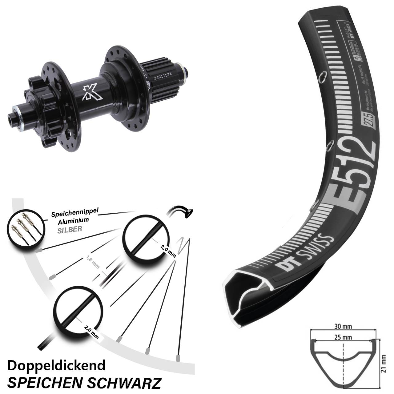 Hinterrad 6-Loch 29 Zoll DT Swiss E 512 KX-M Micro Spline für Schnellspanner