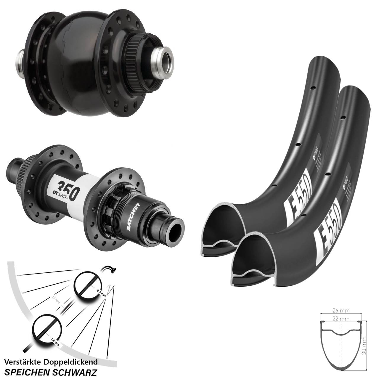 28 Zoll DT Swiss E 550-350 Ratchet 36 SON delux Centerlock Laufradsatz 12x100/142 SRAM XDR