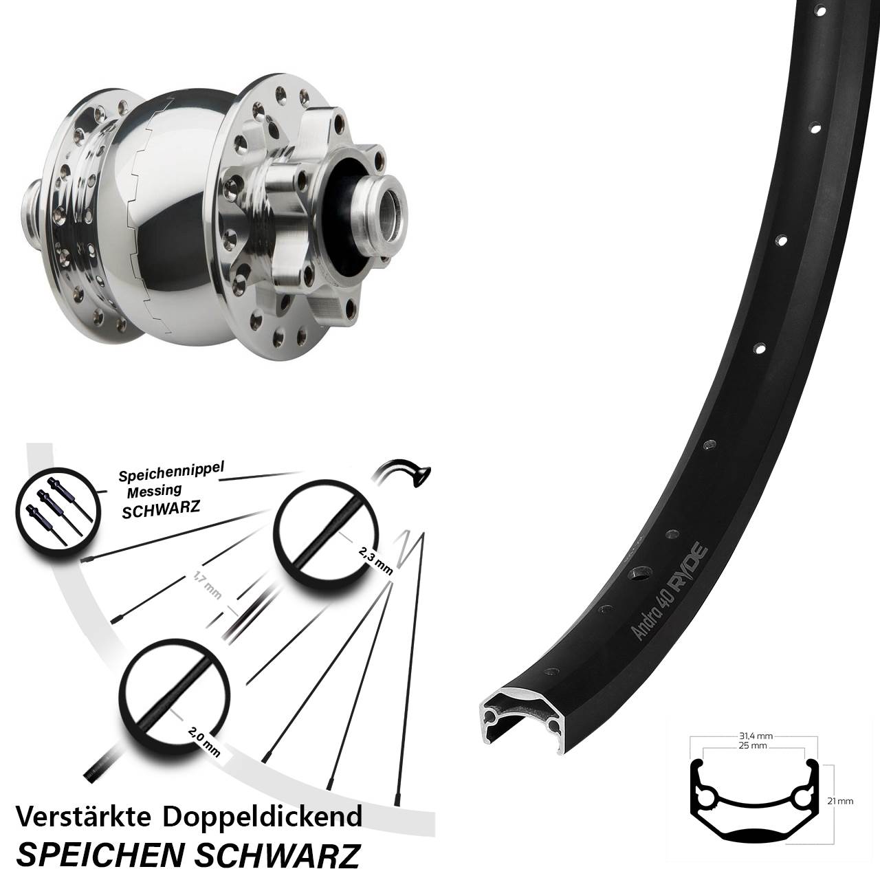 6-Loch Dynamo-Vorderrad 20 Zoll Ryde Andra 40 SON 28 poliert 12x100