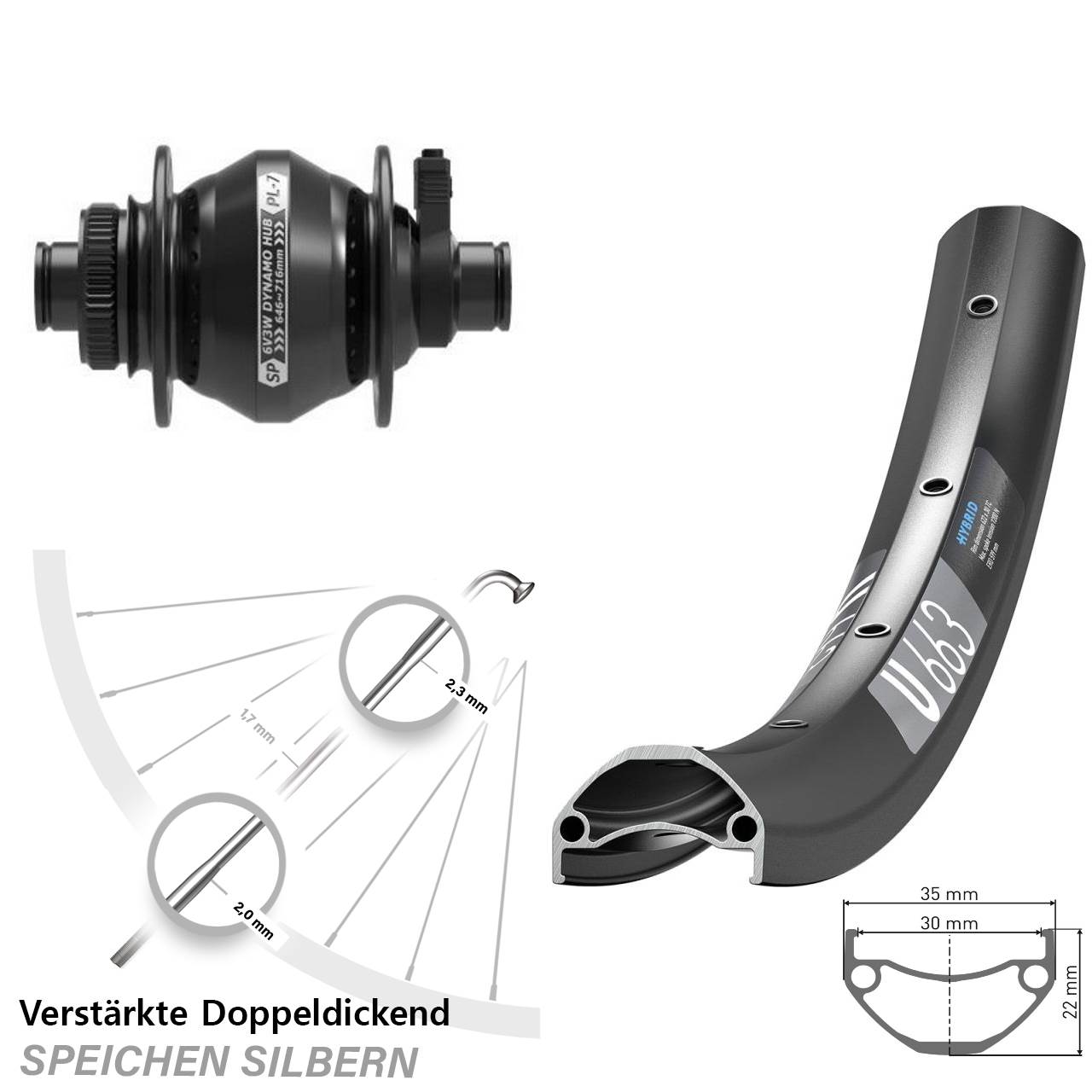 Disc Vorderrad 20 Zoll DT Swiss U663 Shutter PL-7 Nabendynamo 12x100 Centerlock