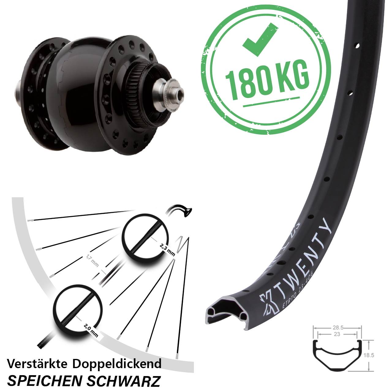 Nabendynamo-Vorderrad Centerlock 20 Zoll KX Twenty SONdelux für Schnellspanner