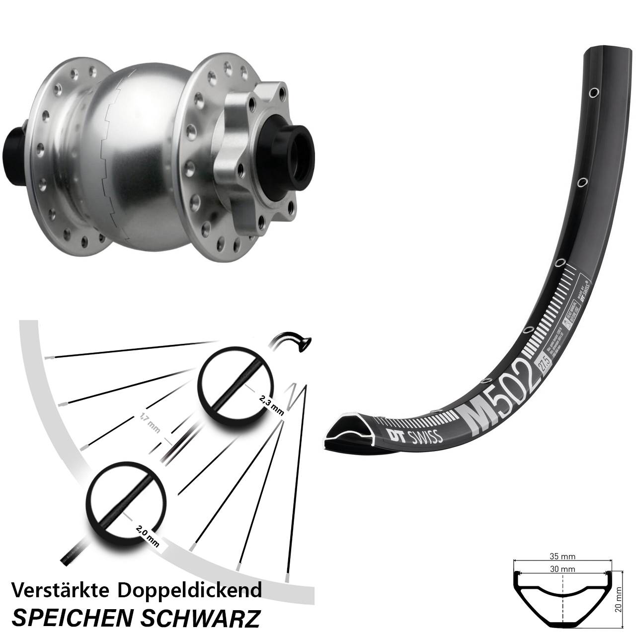 Boost Disc Dynamo-Vorderrad 15x110 27,5 Zoll DT Swiss M502 SON 28