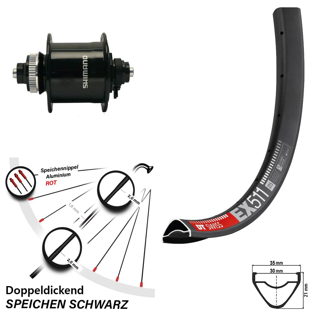 Disc Laufrad mit Nabendynamo für Schnellspanner 27,5 Zoll DT Swiss EX511 Shimano DH-UR700