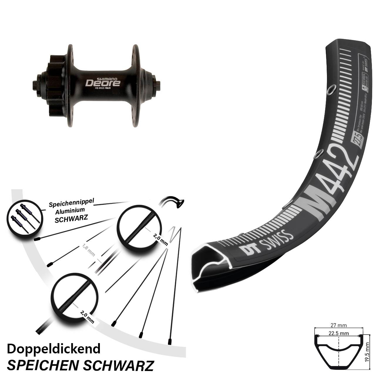 Disc Vorderrad QR 29 Zoll DT Swiss M 442 Shimano Deore HB-M525