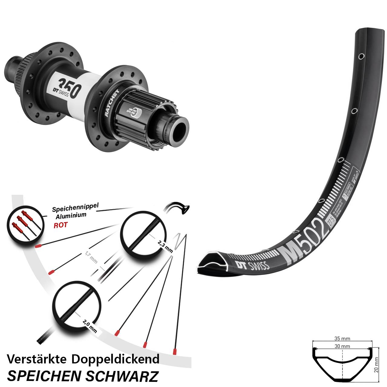 29 Zoll DT Swiss M502-350 Ratchet 36 Hinterrad 12x148 Boost Micro Spline