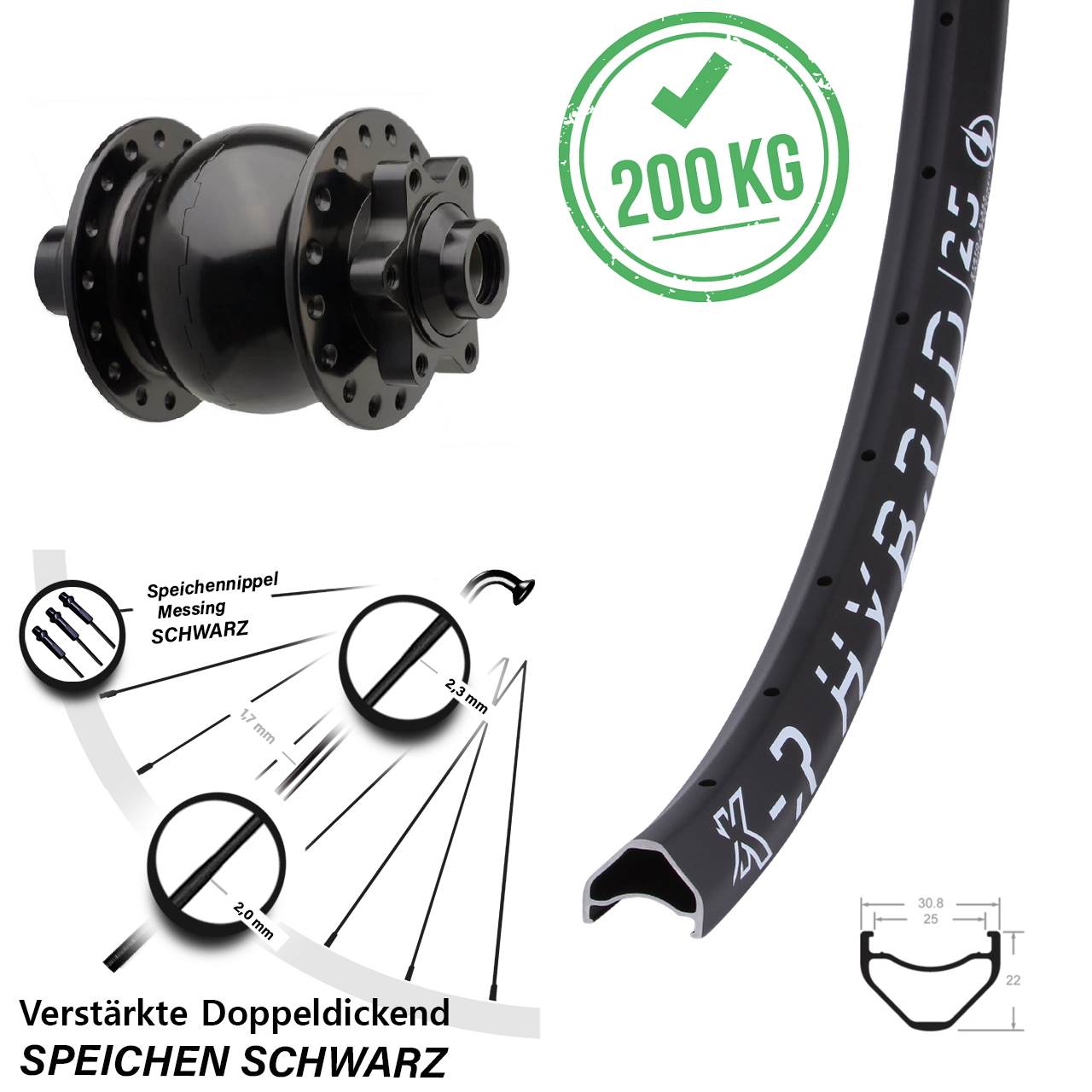 6-Loch Dynamo-Vorderrad 27,5 Zoll KX-R Hybrid 25 SON 28 15x110 Boost