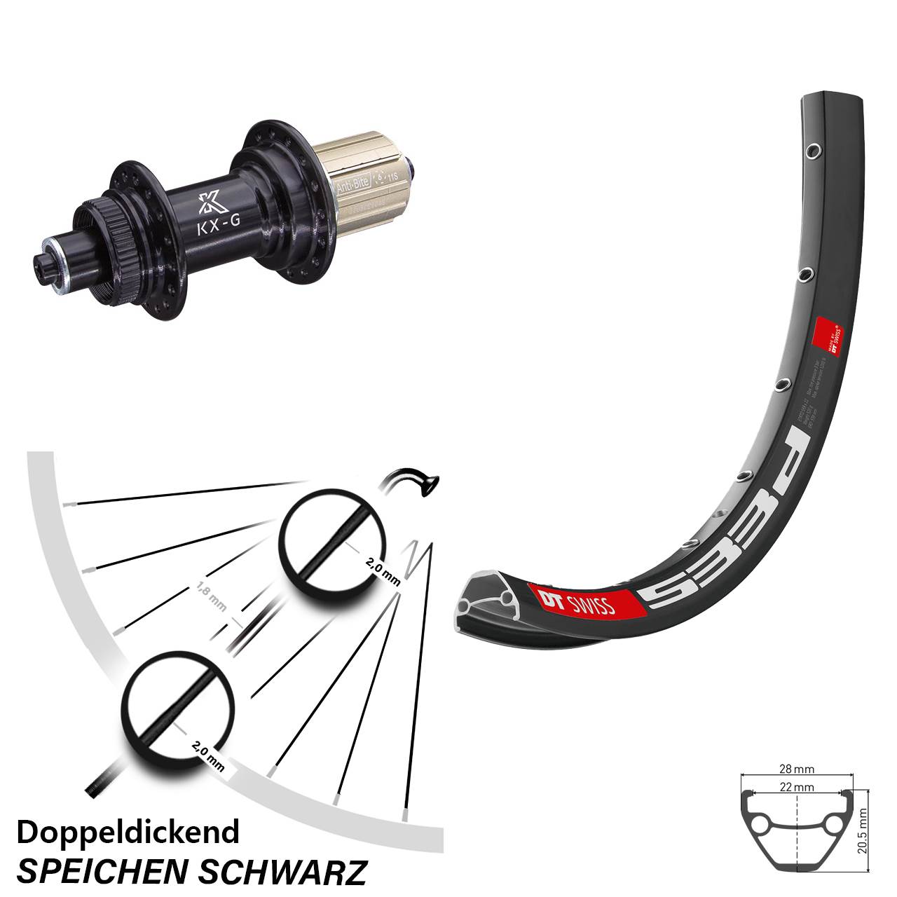 Disc Hinterrad 26 Zoll DT Swiss 533 D KX-G 8-12 fach für Schnellspanner
