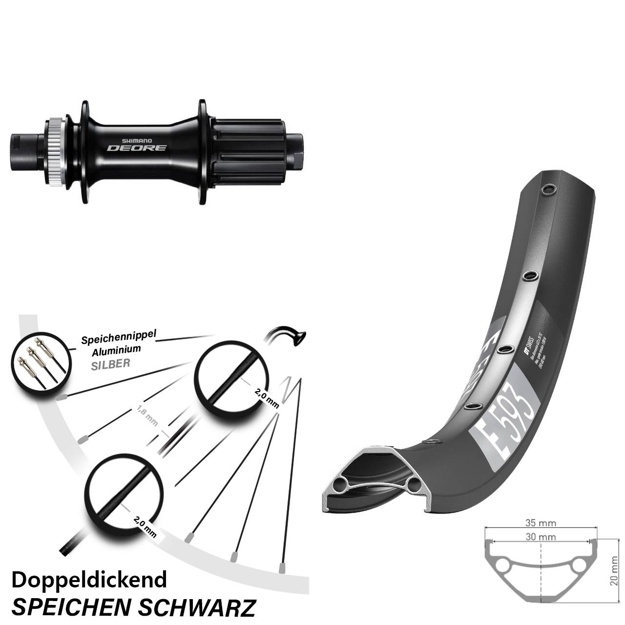 29 Zoll DT Swiss E 593 Shimano FH-M6010-B Boost Disc Hinterrad 12x148 Boost 8-11 fach HG