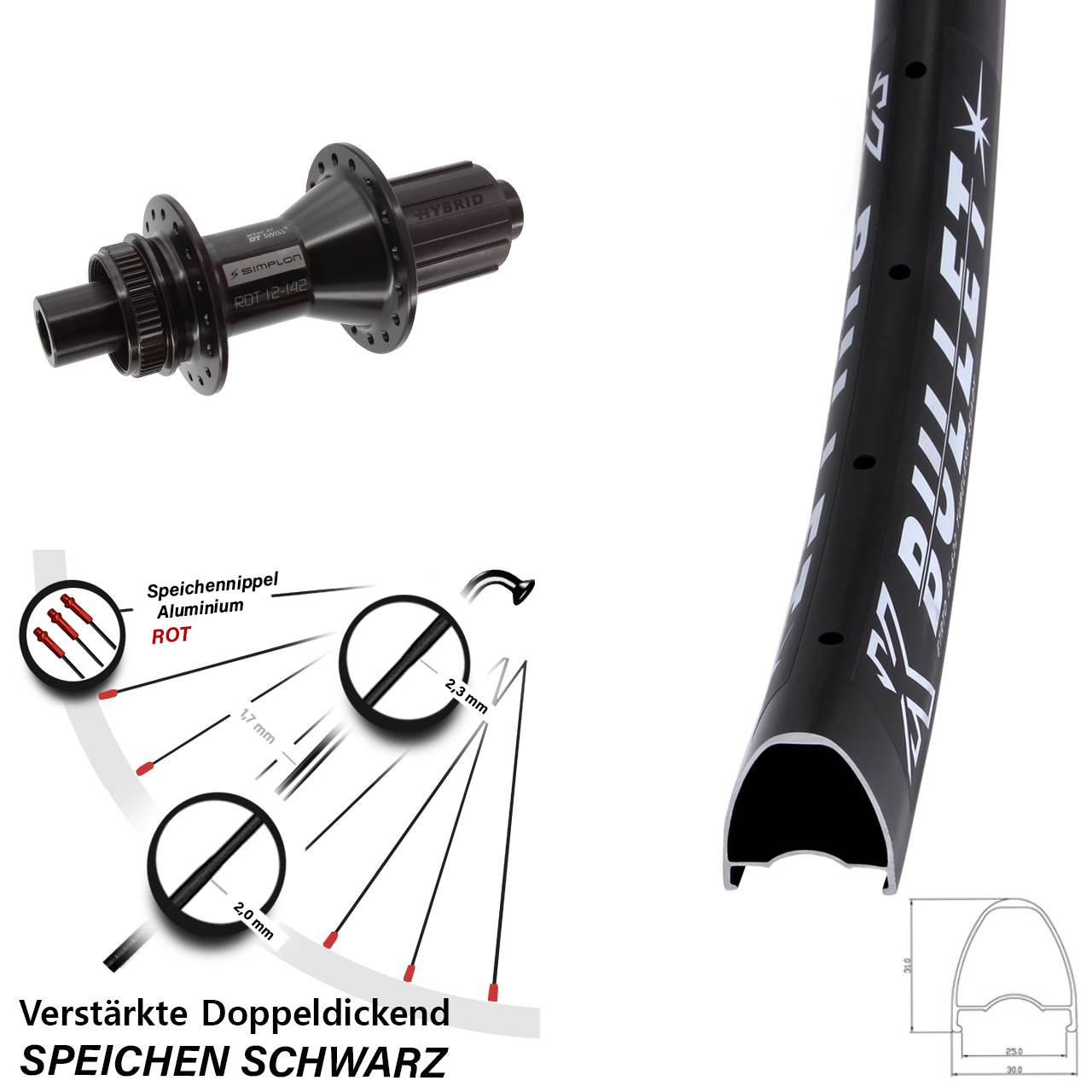 Centerlock Hinterrad 12x142 28 Zoll KX Bullet DT Swiss 370 Hybrid 8-11 fach