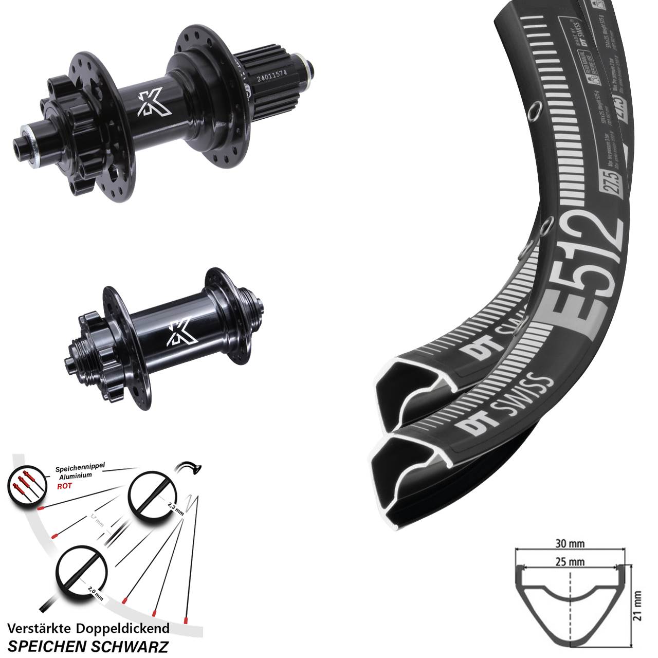 27,5 Zoll DT Swiss E 512 KX-M Laufradsatz 6-Loch für Schnellspanner Micro Spline