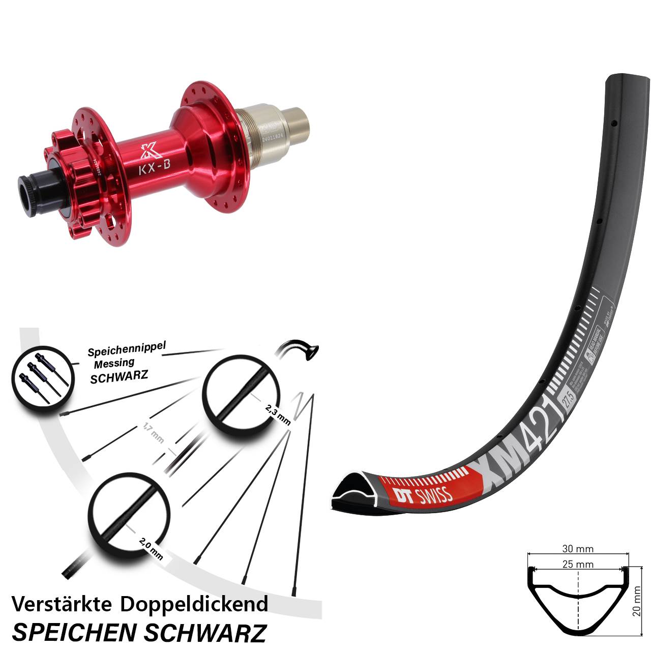 27,5 Zoll DT Swiss XM421 KX-B rot Laufrad 12x148 Boost 6-Loch SRAM XD