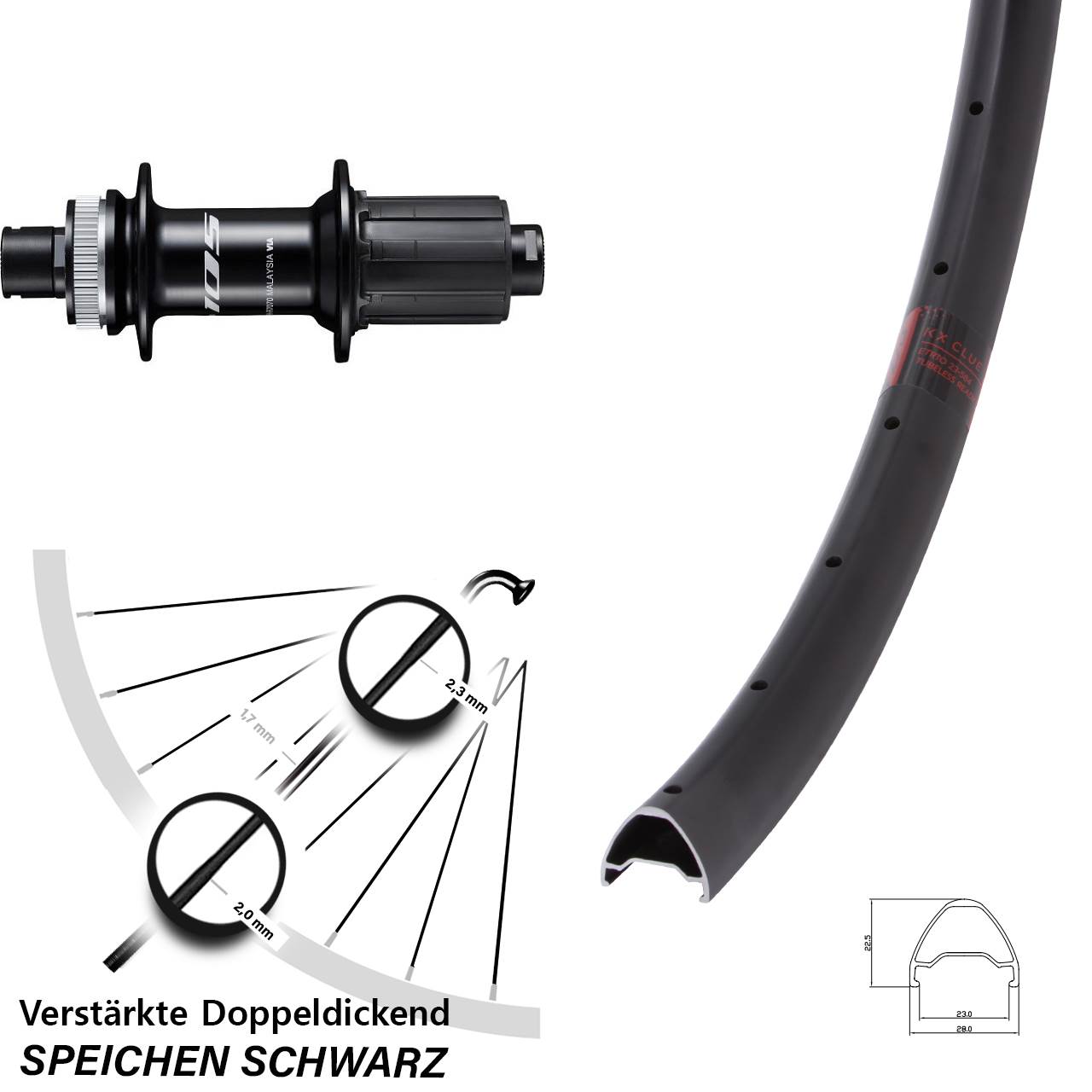 KX Clue Shimano 105 FH-R7070 28 Zoll Hinterrad Centerlock 12x142 8-12 fach HG