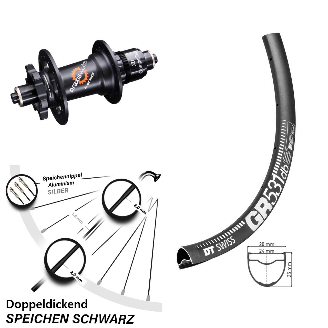 Hinterrad 6-Loch QR 650B DT Swiss GR 531 350 SRAM XD