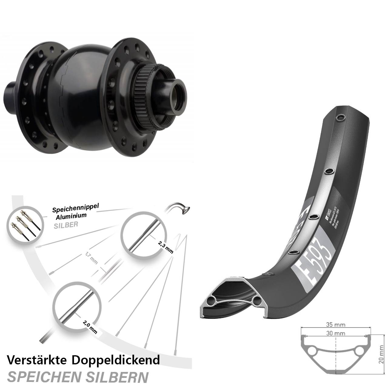 Nabendynamo-Vorderrad Centerlock 29 Zoll DT Swiss E 593 SON 28 15x110 Boost