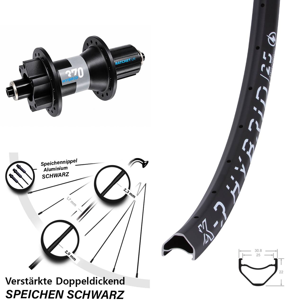 KX-R Hybrid 25 DT Swiss 370 28 Zoll Disc Hinterrad QR Boost 8-11 fach