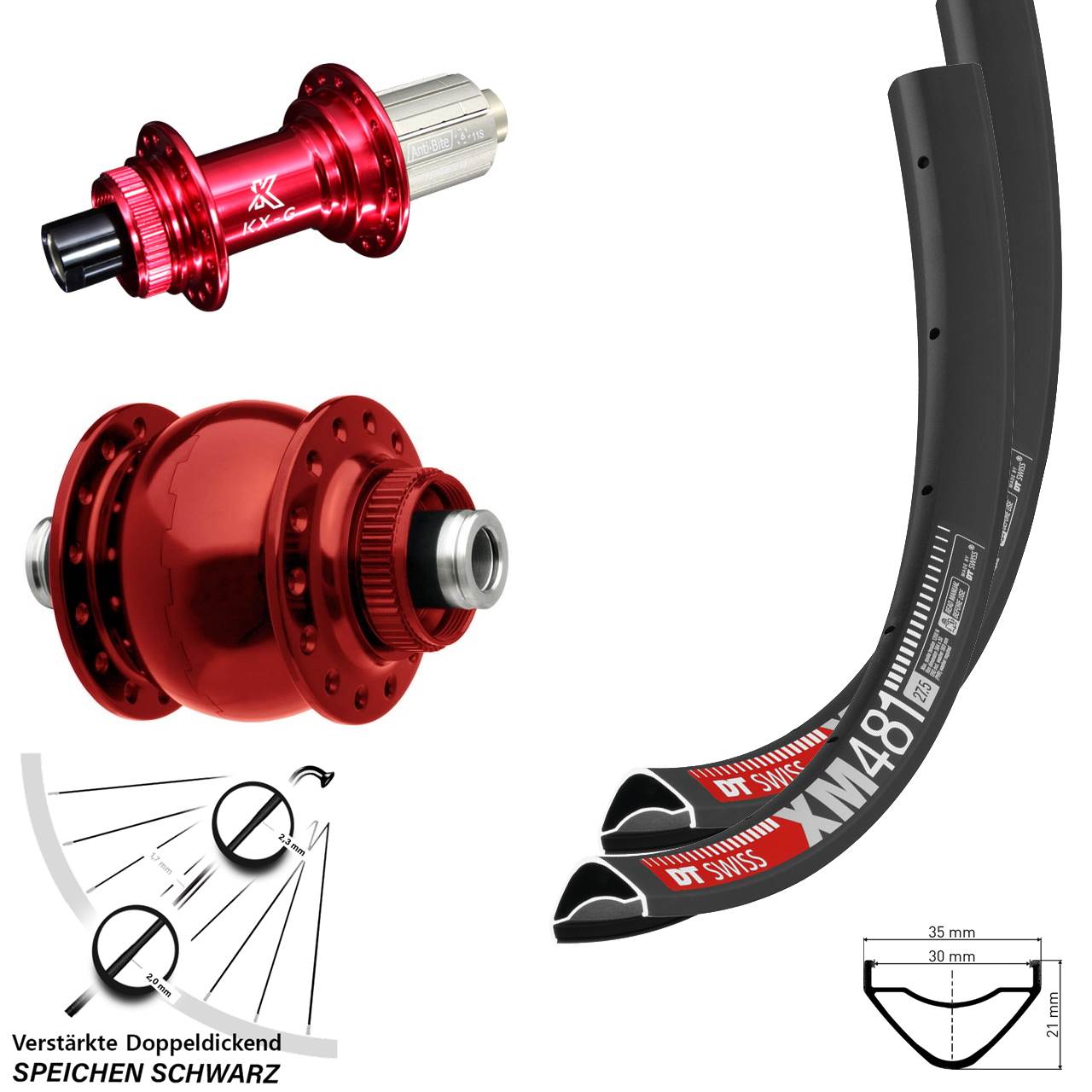 27,5 Zoll DT Swiss XM 481 KX-G rot SON 28 rot Disc Laufrad-Satz 12x100/142 8-12 fach HG