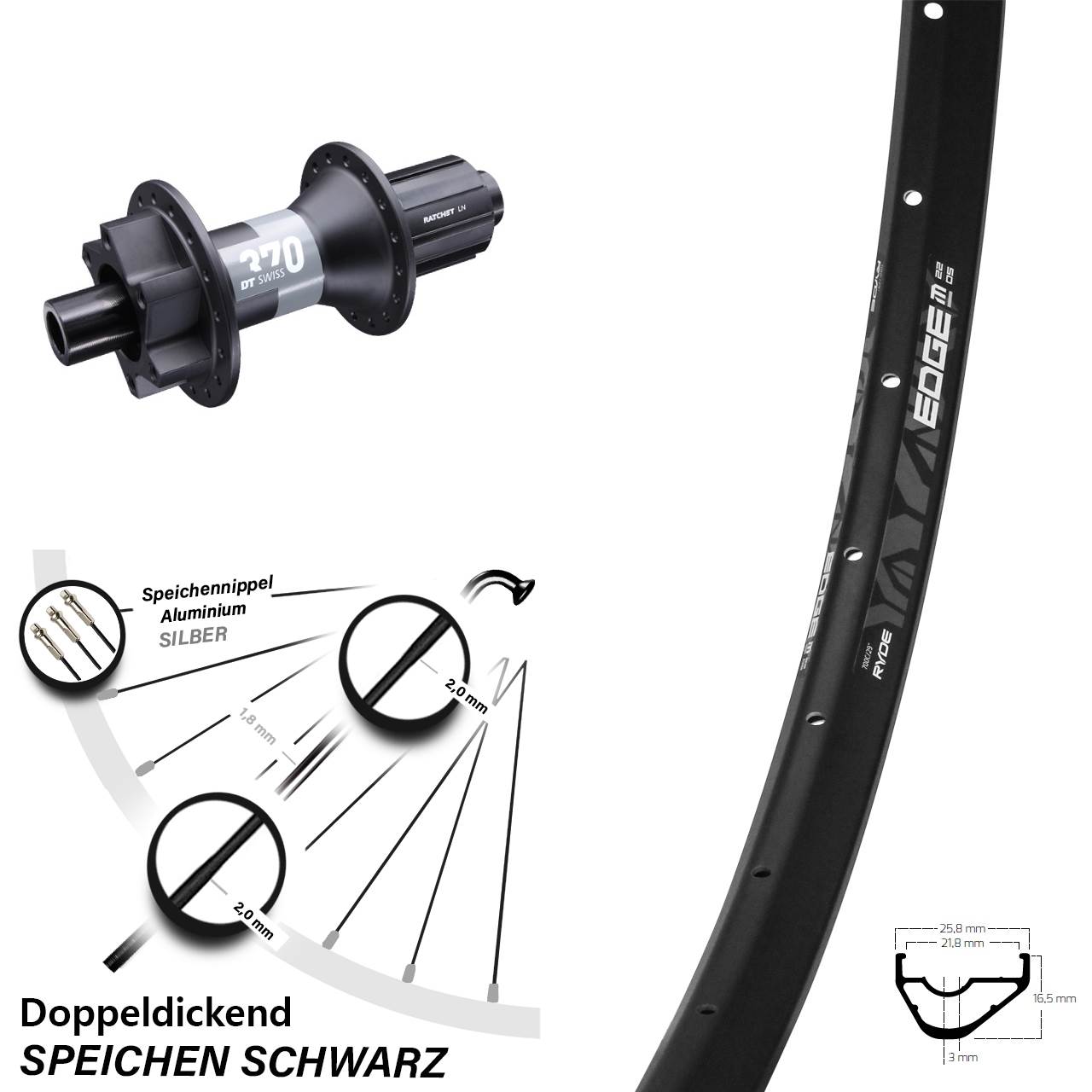 29 Zoll Hinterrad Ryde Edge M22 OS mit DT Swiss 370 Nabe Boost 11-fach